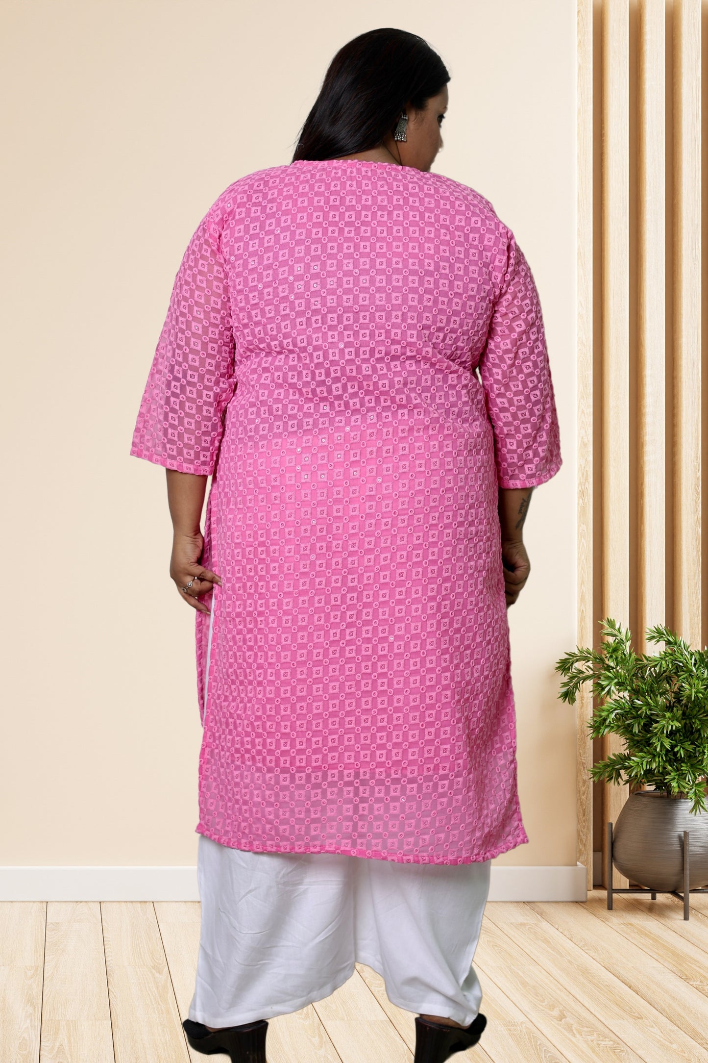 Plus Size Chikan Embroidery Georgette Kurta with Attached Slip