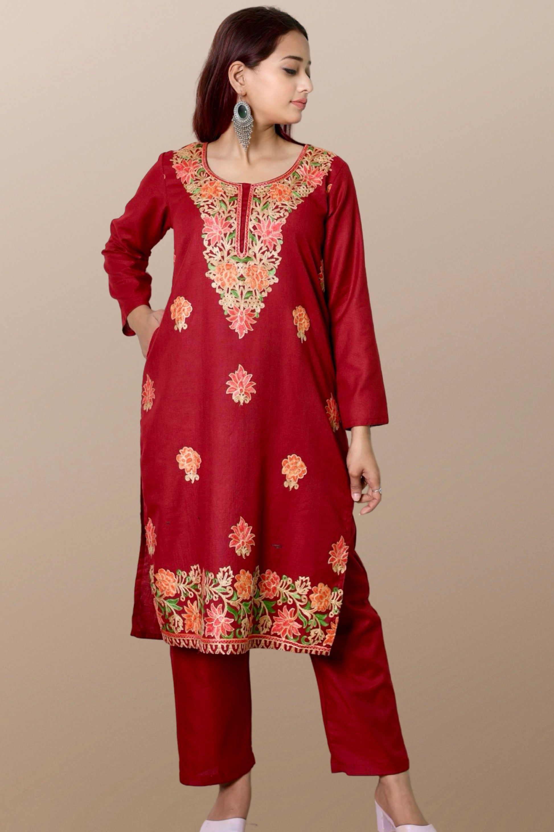 plus size winter wear suit set women woolen Kurta kurti pant dupatta 36 38 40 42 44 46 48 S M L XL XXL 3XL warm woollen ethnic indian festival daily wear stylish ladies straight long comfortable curvy

