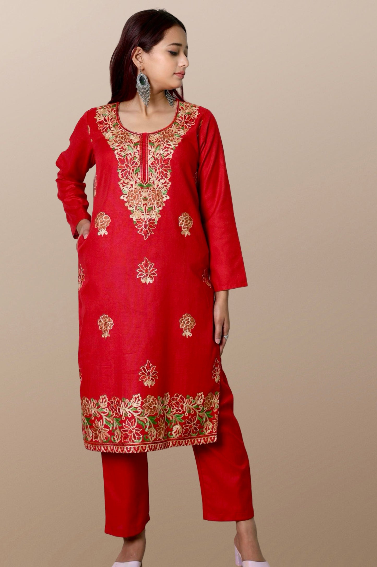 plus size winter wear suit set women woolen Kurta kurti pant dupatta 36 38 40 42 44 46 48 S M L XL XXL 3XL warm woollen ethnic indian festival daily wear stylish ladies straight long comfortable curvy
