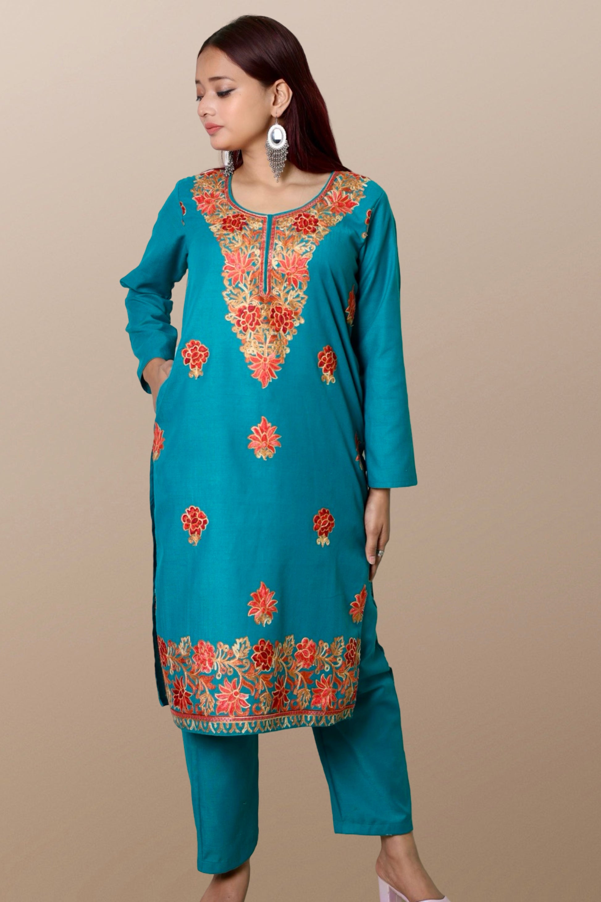 plus size winter wear suit set women woolen Kurta kurti pant dupatta 36 38 40 42 44 46 48 S M L XL XXL 3XL warm woollen ethnic indian festival daily wear stylish ladies straight long comfortable curvy
