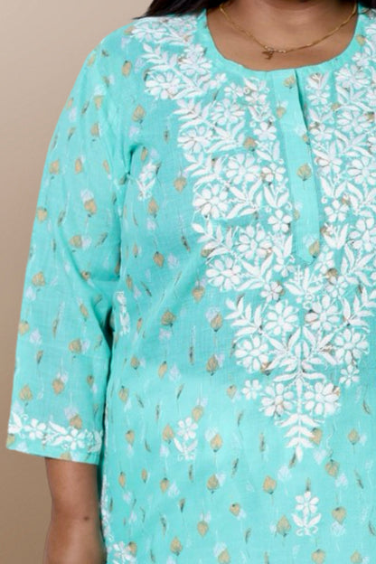 Plus Size Lucknowi Chikankari Hand Embroidered Floral Print Cotton Kurti for Women, Soft Material, 100% Hand Embroidered Sizes XS, S, M, L, XL, XXL, 3XL, 4XL, 5XL, 6XL, 7XL, 8XL, 9XL, 10XL, 11XL, 12XL
