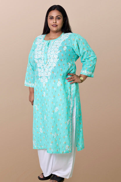 Plus Size Lucknowi Chikankari Hand Embroidered Floral Print Cotton Kurti for Women, Soft Material, 100% Hand Embroidered Sizes XS, S, M, L, XL, XXL, 3XL, 4XL, 5XL, 6XL, 7XL, 8XL, 9XL, 10XL, 11XL, 12XL

