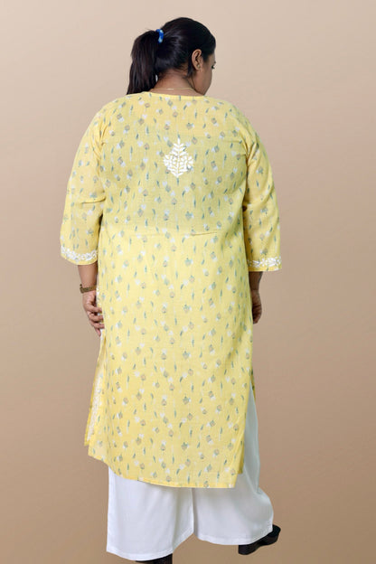 Plus Size Lucknowi Chikankari Hand Embroidered Floral Print Cotton Kurti for Women, Soft Material, 100% Hand Embroidered Sizes XS, S, M, L, XL, XXL, 3XL, 4XL, 5XL, 6XL, 7XL, 8XL, 9XL, 10XL, 11XL, 12XL
