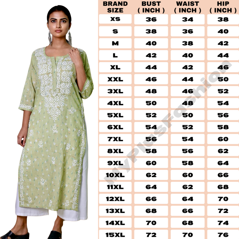 Plus Size Lucknowi Chikankari Hand Embroidered Floral Print Cotton Kurti for Women, Soft Material, 100% Hand Embroidered Sizes XS, S, M, L, XL, XXL, 3XL, 4XL, 5XL, 6XL, 7XL, 8XL, 9XL, 10XL, 11XL, 12XL
