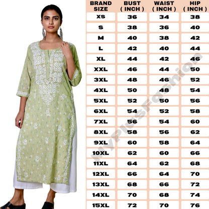 Plus Size Lucknowi Chikankari Hand Embroidered Floral Print Cotton Kurti for Women, Soft Material, 100% Hand Embroidered Sizes XS, S, M, L, XL, XXL, 3XL, 4XL, 5XL, 6XL, 7XL, 8XL, 9XL, 10XL, 11XL, 12XL
