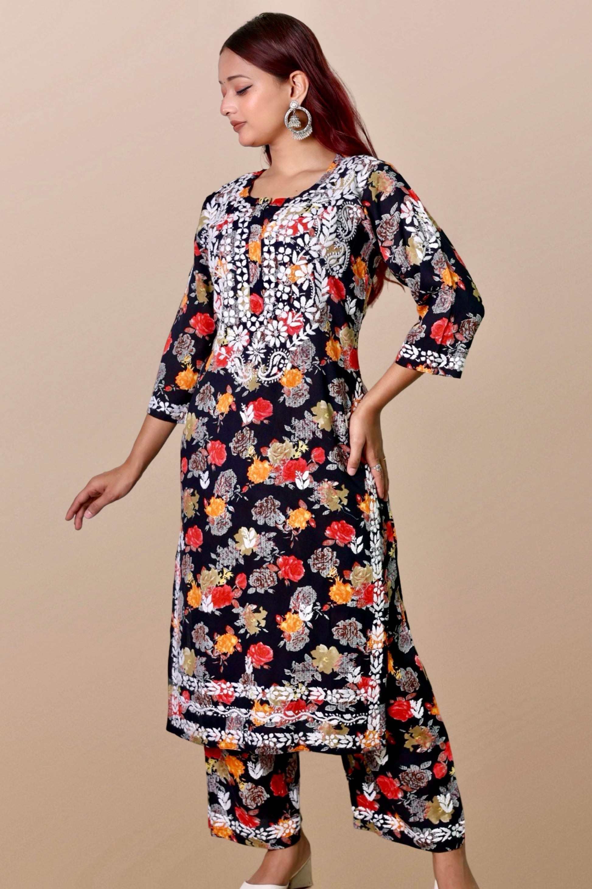 chikankari suit set women hand embroidery lucknowi chikan kurti palazzo bottom set rayon lightweight festival daily wear comfortable ethnic formal straight fit lakhnavi chicken kurta pant plazzo sizes XXS XS S M L XL XXL