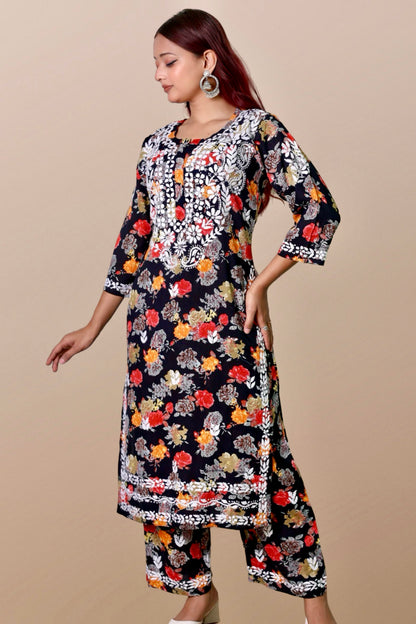 chikankari suit set women hand embroidery lucknowi chikan kurti palazzo bottom set rayon lightweight festival daily wear comfortable ethnic formal straight fit lakhnavi chicken kurta pant plazzo sizes XXS XS S M L XL XXL