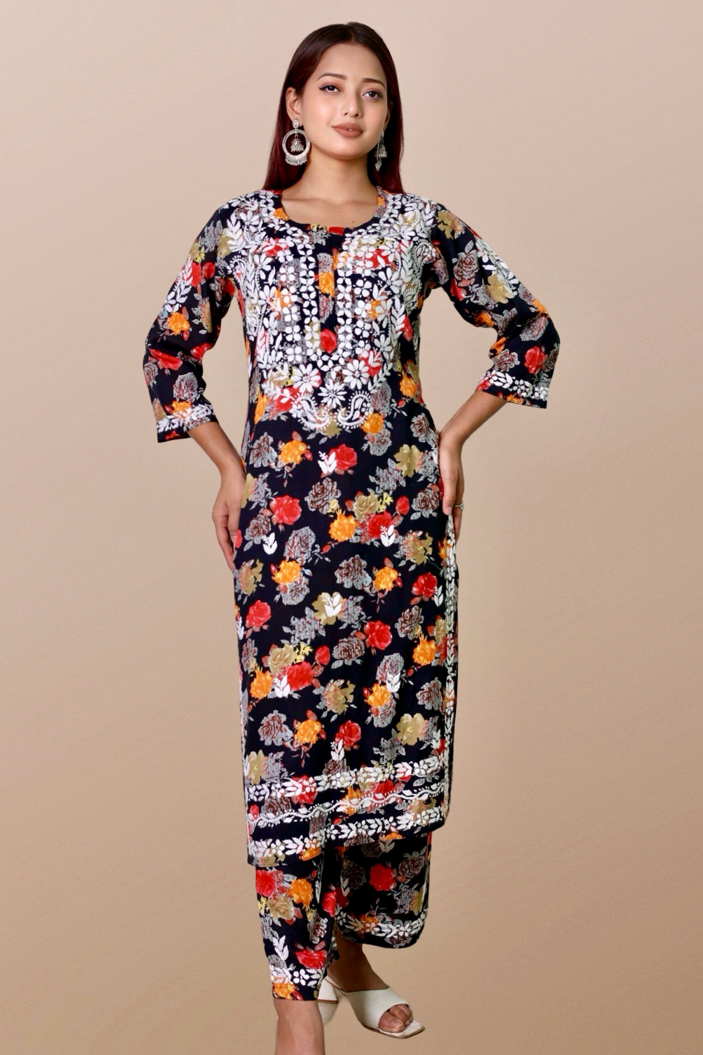 chikankari suit set women hand embroidery lucknowi chikan kurti palazzo bottom set rayon lightweight festival daily wear comfortable ethnic formal straight fit lakhnavi chicken kurta pant plazzo sizes XXS XS S M L XL XXL