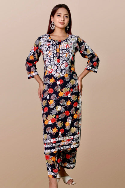 chikankari suit set women hand embroidery lucknowi chikan kurti palazzo bottom set rayon lightweight festival daily wear comfortable ethnic formal straight fit lakhnavi chicken kurta pant plazzo sizes XXS XS S M L XL XXL