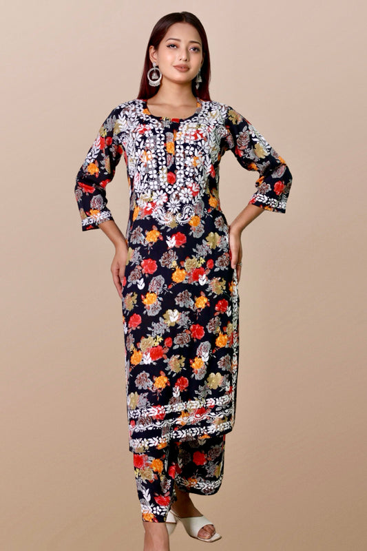 chikankari suit set women hand embroidery lucknowi chikan kurti palazzo bottom set rayon lightweight festival daily wear comfortable ethnic formal straight fit lakhnavi chicken kurta pant plazzo sizes XXS XS S M L XL XXL