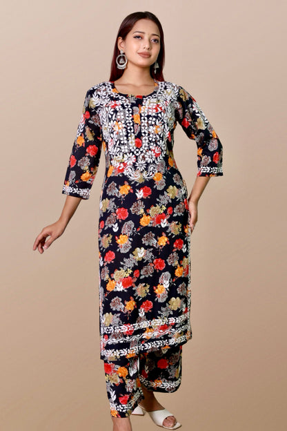chikankari suit set women hand embroidery lucknowi chikan kurti palazzo bottom set rayon lightweight festival daily wear comfortable ethnic formal straight fit lakhnavi chicken kurta pant plazzo sizes XXS XS S M L XL XXL