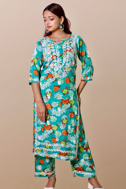 chikankari suit set women hand embroidery lucknowi chikan kurti palazzo bottom set rayon lightweight festival daily wear comfortable ethnic formal straight fit lakhnavi chicken kurta pant plazzo sizes XXS XS S M L XL XXL