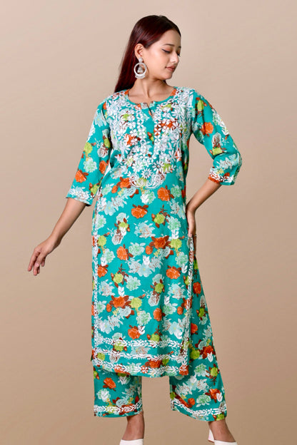 chikankari suit set women hand embroidery lucknowi chikan kurti palazzo bottom set rayon lightweight festival daily wear comfortable ethnic formal straight fit lakhnavi chicken kurta pant plazzo sizes XXS XS S M L XL XXL