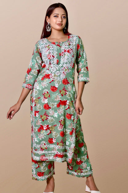 chikankari suit set women hand embroidery lucknowi chikan kurti palazzo bottom set rayon lightweight festival daily wear comfortable ethnic formal straight fit lakhnavi chicken kurta pant plazzo sizes XXS XS S M L XL XXL