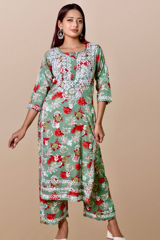 chikankari suit set women hand embroidery lucknowi chikan kurti palazzo bottom set rayon lightweight festival daily wear comfortable ethnic formal straight fit lakhnavi chicken kurta pant plazzo sizes XXS XS S M L XL XXL