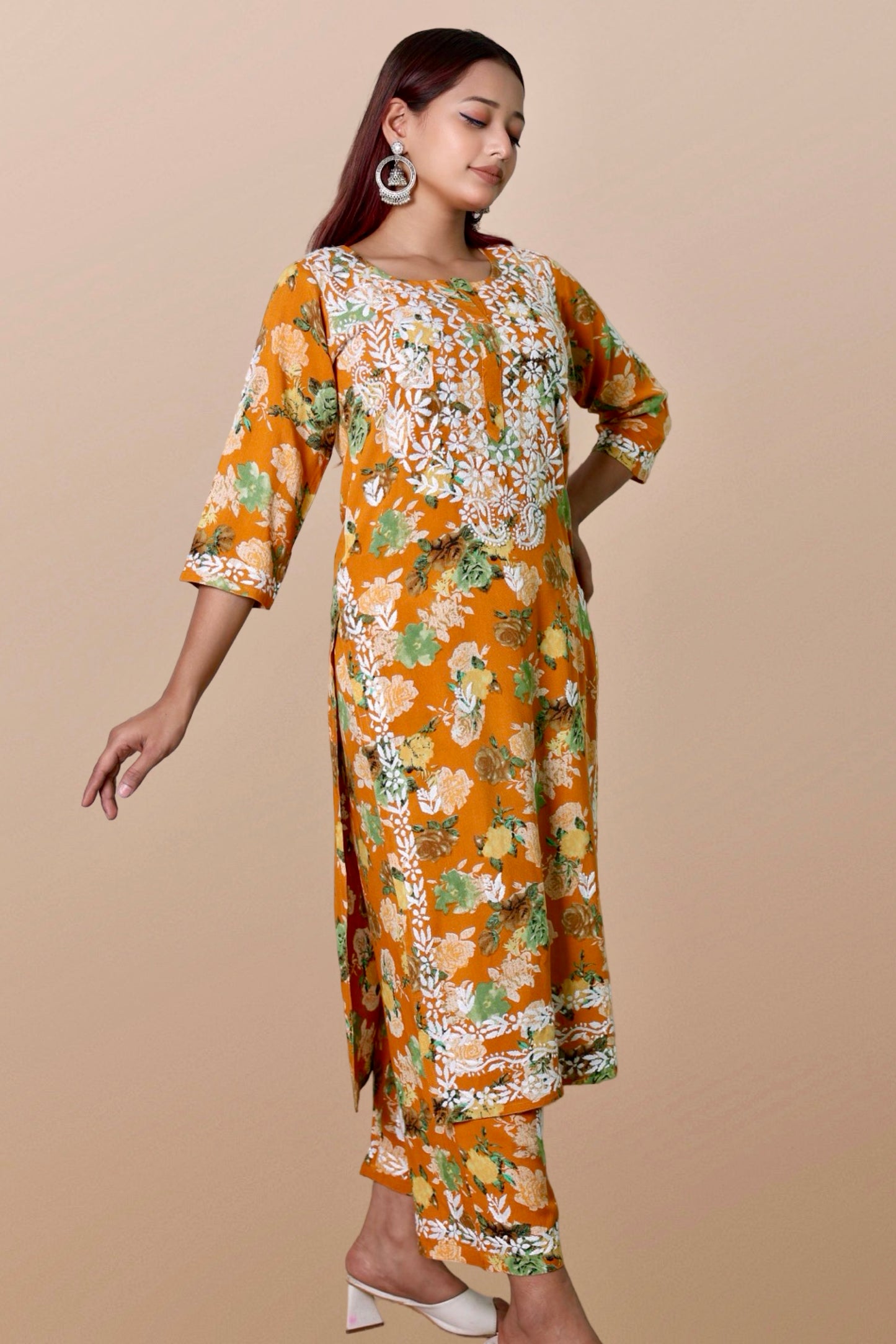 chikankari suit set women hand embroidery lucknowi chikan kurti palazzo bottom set rayon lightweight festival daily wear comfortable ethnic formal straight fit lakhnavi chicken kurta pant plazzo sizes XXS XS S M L XL XXL