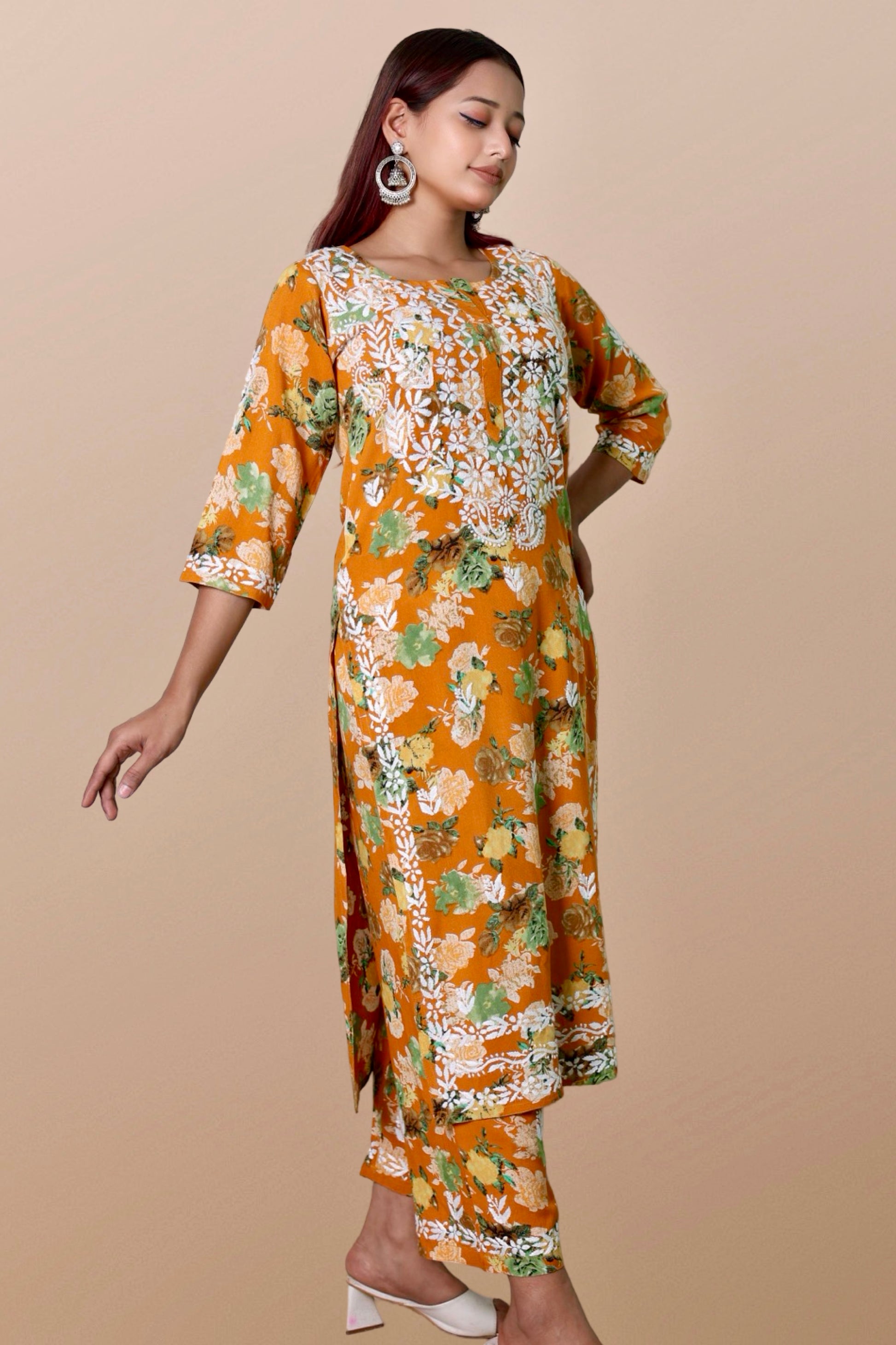 chikankari suit set women hand embroidery lucknowi chikan kurti palazzo bottom set rayon lightweight festival daily wear comfortable ethnic formal straight fit lakhnavi chicken kurta pant plazzo sizes XXS XS S M L XL XXL