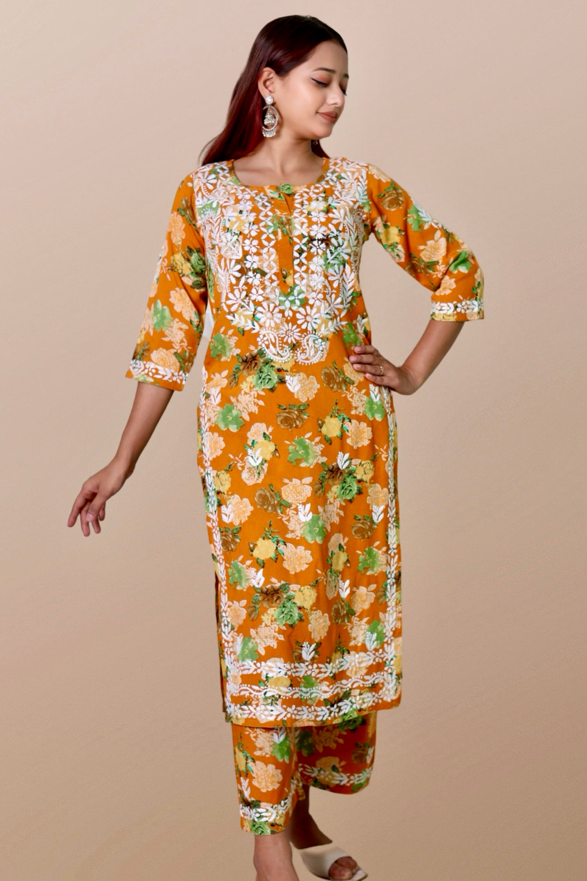 chikankari suit set women hand embroidery lucknowi chikan kurti palazzo bottom set rayon lightweight festival daily wear comfortable ethnic formal straight fit lakhnavi chicken kurta pant plazzo sizes XXS XS S M L XL XXL