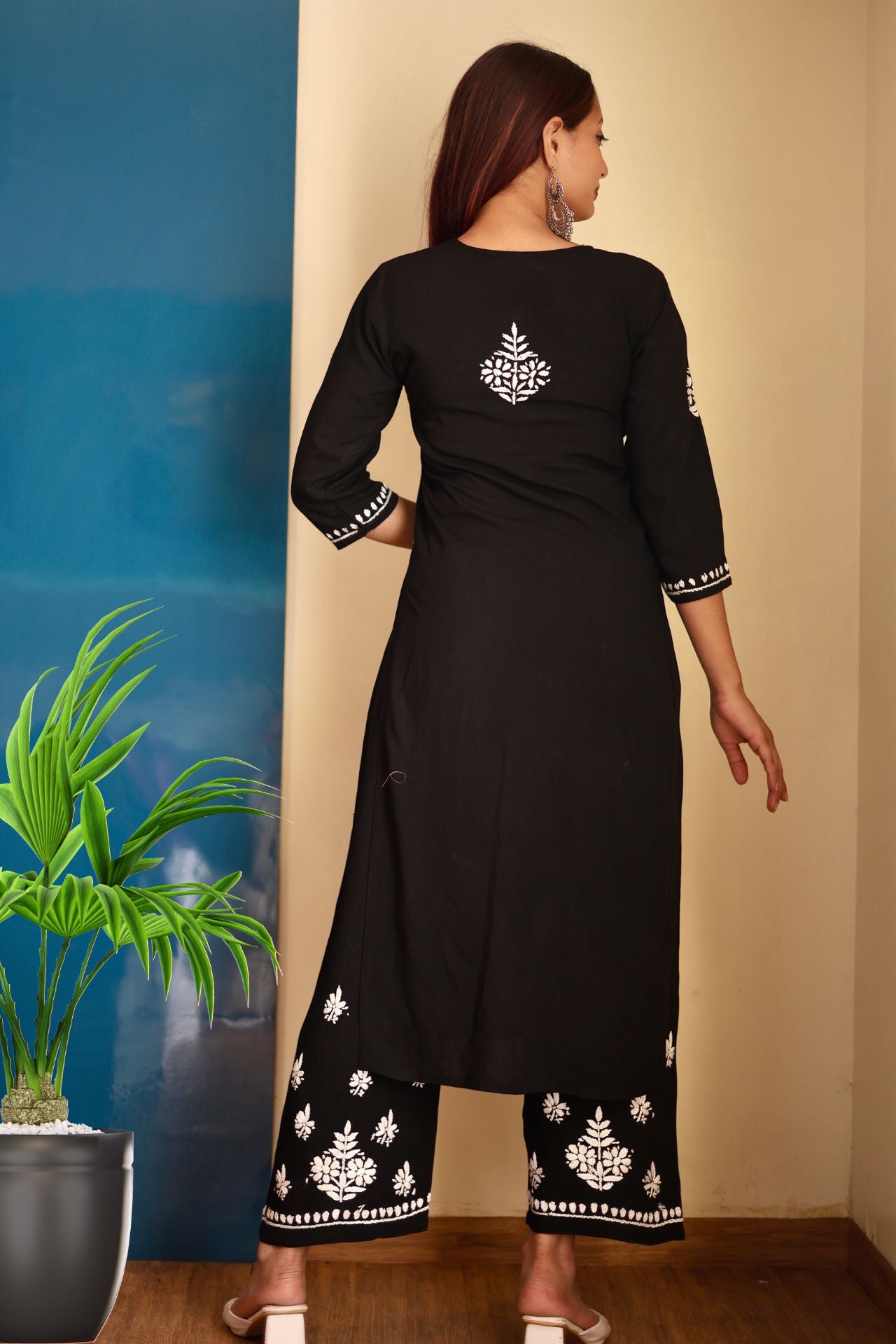 chikankari suit set women hand embroidery lucknowi chikan kurti palazzo bottom set rayon lightweight festival daily wear comfortable ethnic formal straight fit lakhnavi chicken kurta pant plazzo