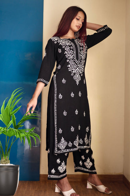 chikankari suit set women hand embroidery lucknowi chikan kurti palazzo bottom set rayon lightweight festival daily wear comfortable ethnic formal straight fit lakhnavi chicken kurta pant plazzo