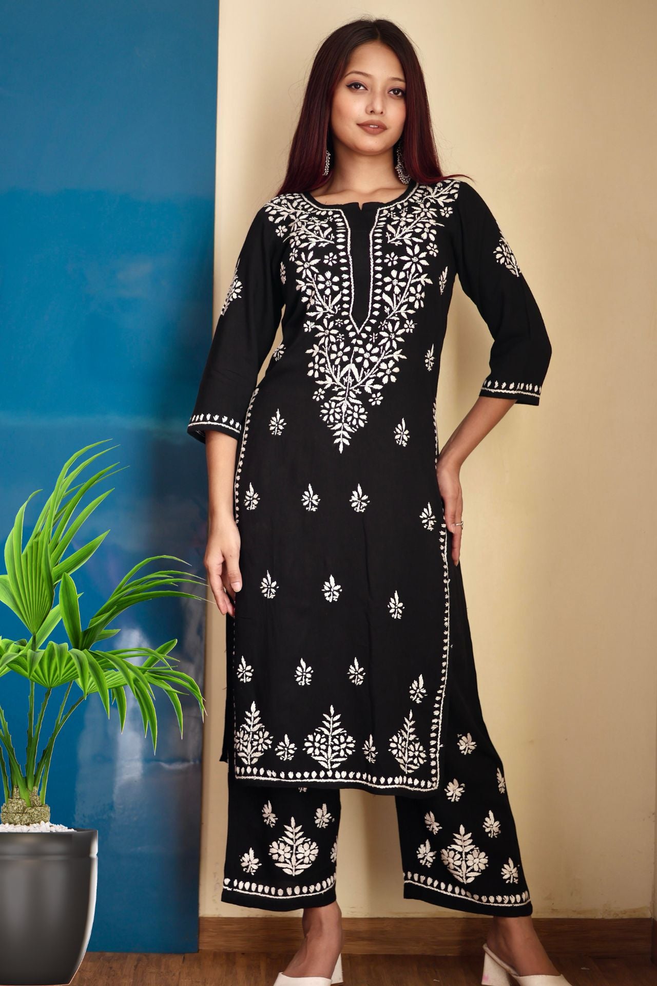 chikankari suit set women hand embroidery lucknowi chikan kurti palazzo bottom set rayon lightweight festival daily wear comfortable ethnic formal straight fit lakhnavi chicken kurta pant plazzo