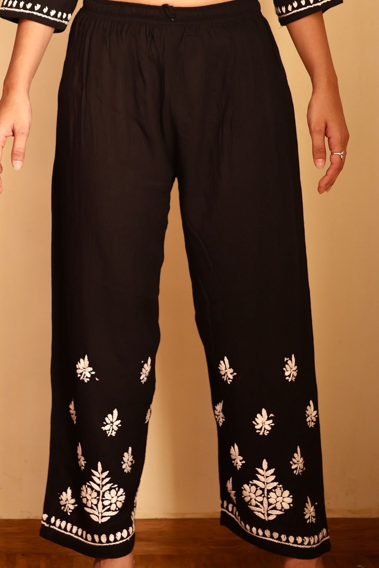 chikankari suit set women hand embroidery lucknowi chikan kurti palazzo bottom set rayon lightweight festival daily wear comfortable ethnic formal straight fit lakhnavi chicken kurta pant plazzo