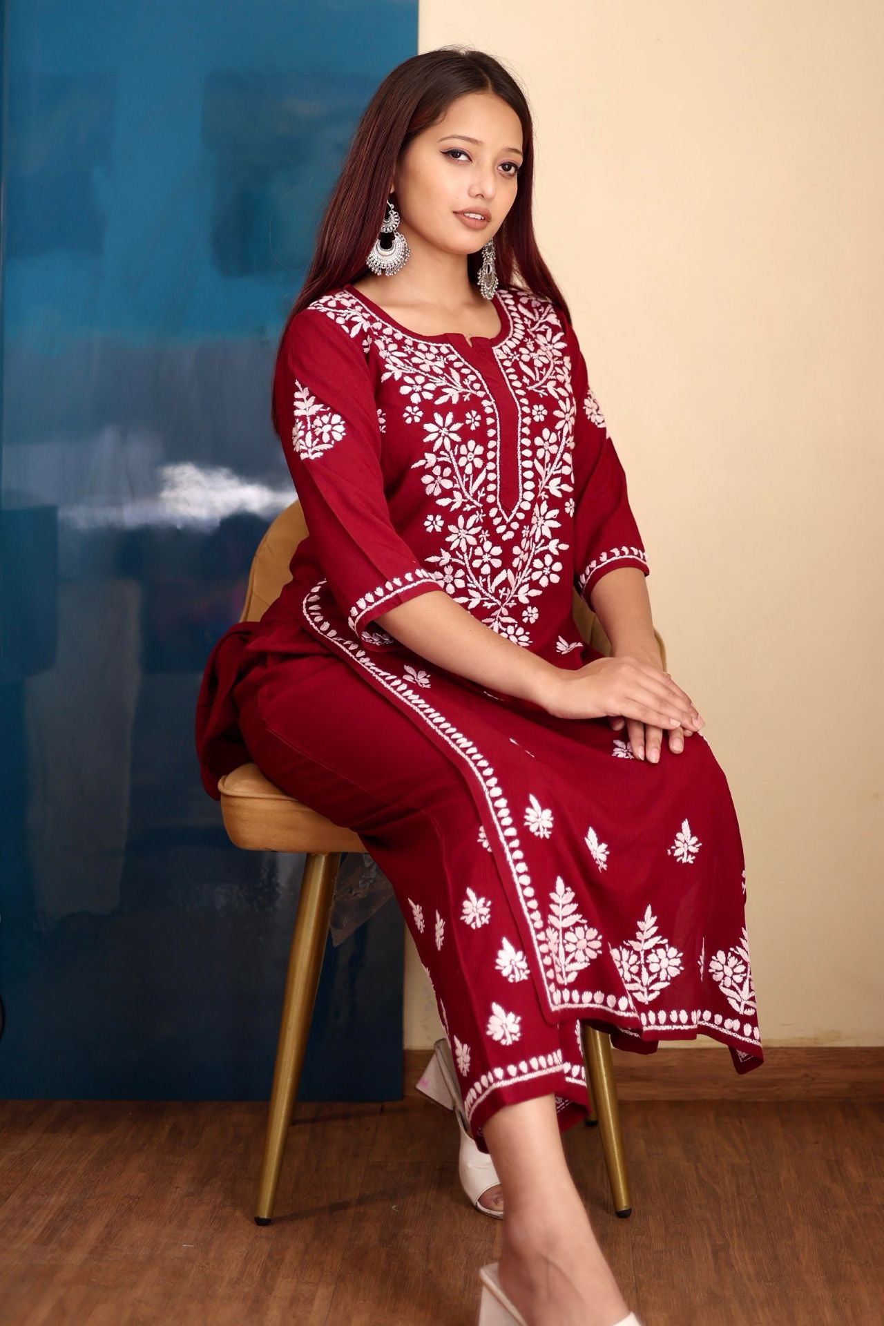 chikankari suit set women hand embroidery lucknowi chikan kurti palazzo bottom set rayon lightweight festival daily wear comfortable ethnic formal straight fit lakhnavi chicken kurta pant plazzo