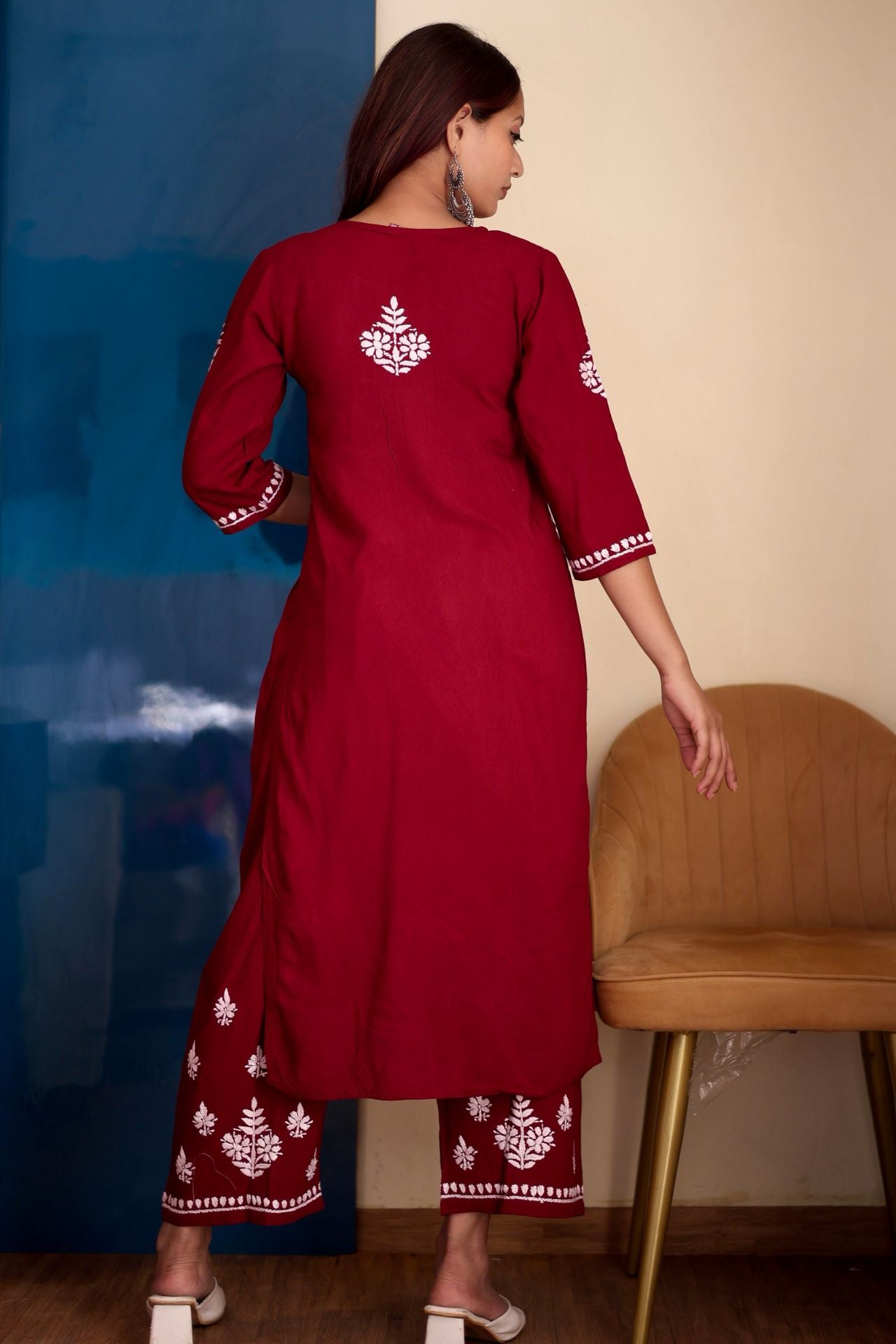 chikankari suit set women hand embroidery lucknowi chikan kurti palazzo bottom set rayon lightweight festival daily wear comfortable ethnic formal straight fit lakhnavi chicken kurta pant plazzo