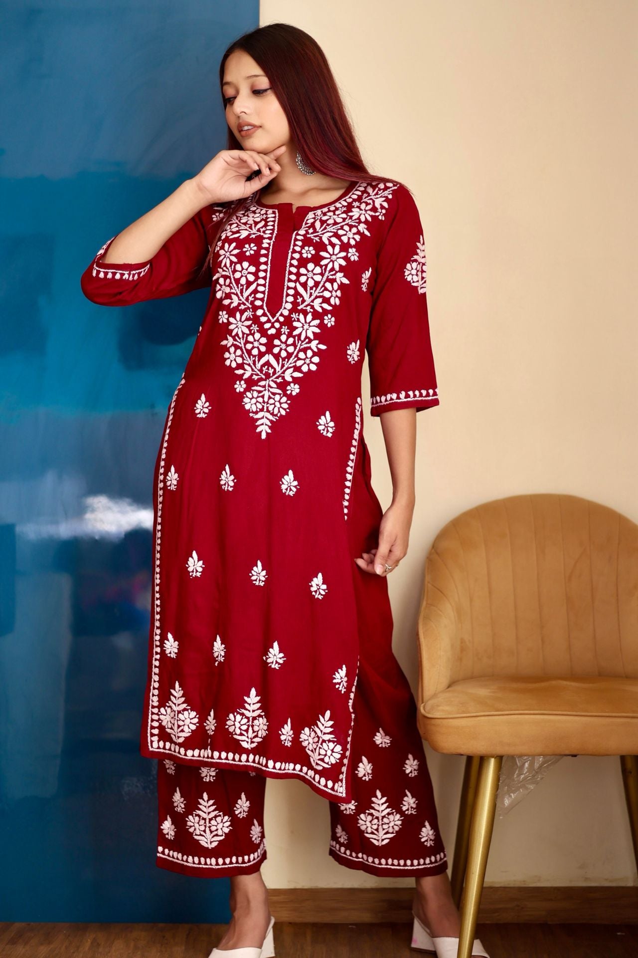chikankari suit set women hand embroidery lucknowi chikan kurti palazzo bottom set rayon lightweight festival daily wear comfortable ethnic formal straight fit lakhnavi chicken kurta pant plazzo