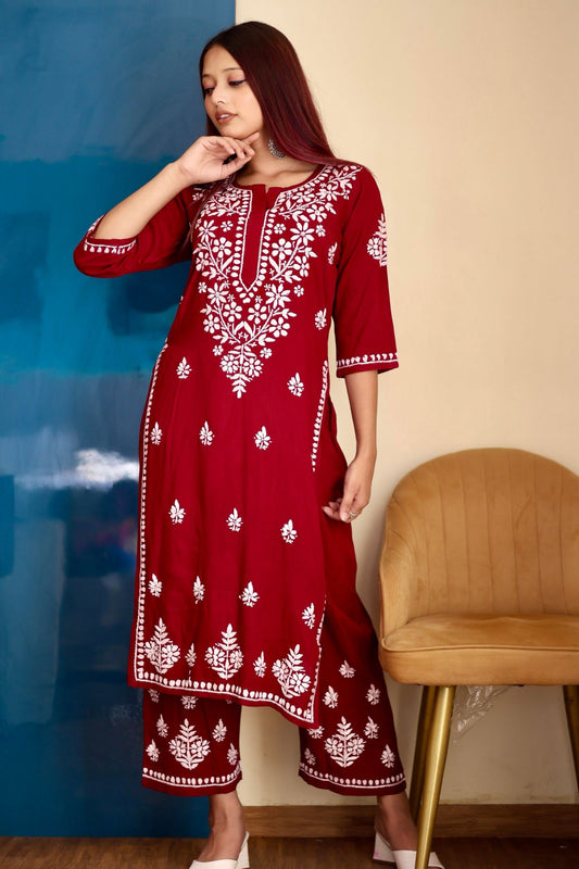 chikankari suit set women hand embroidery lucknowi chikan kurti palazzo bottom set rayon lightweight festival daily wear comfortable ethnic formal straight fit lakhnavi chicken kurta pant plazzo