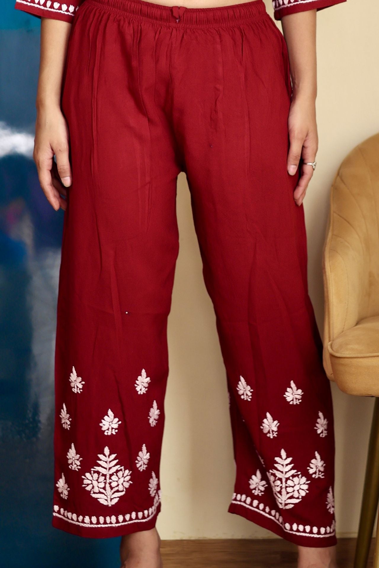 chikankari suit set women hand embroidery lucknowi chikan kurti palazzo bottom set rayon lightweight festival daily wear comfortable ethnic formal straight fit lakhnavi chicken kurta pant plazzo