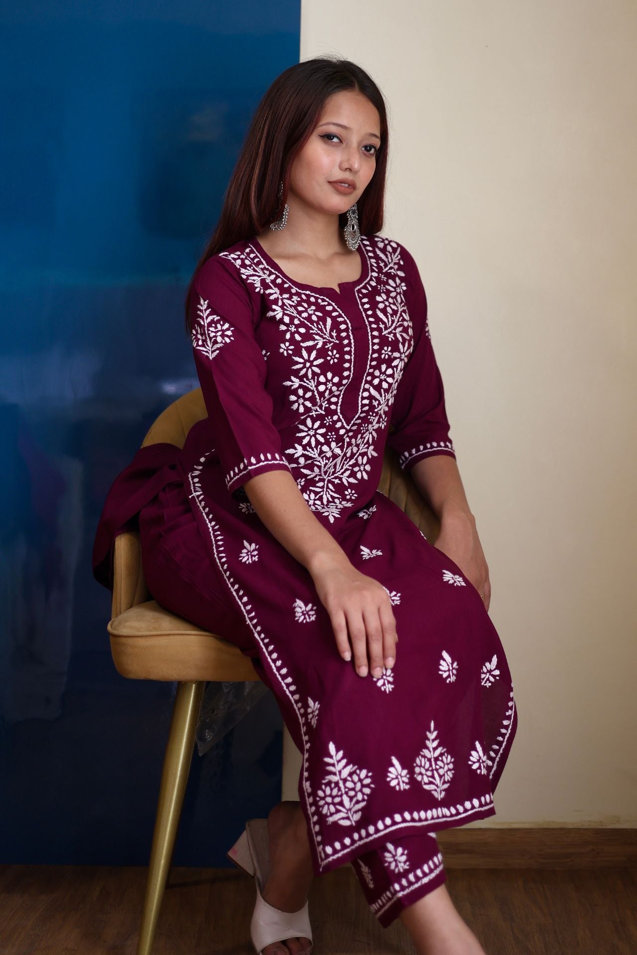 chikankari suit set women hand embroidery lucknowi chikan kurti palazzo bottom set rayon lightweight festival daily wear comfortable ethnic formal straight fit lakhnavi chicken kurta pant plazzo
