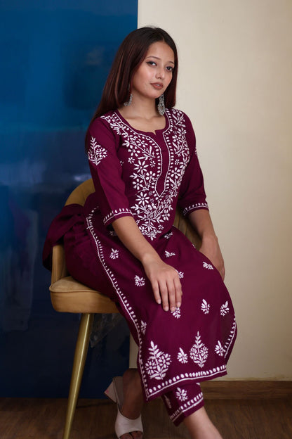 chikankari suit set women hand embroidery lucknowi chikan kurti palazzo bottom set rayon lightweight festival daily wear comfortable ethnic formal straight fit lakhnavi chicken kurta pant plazzo