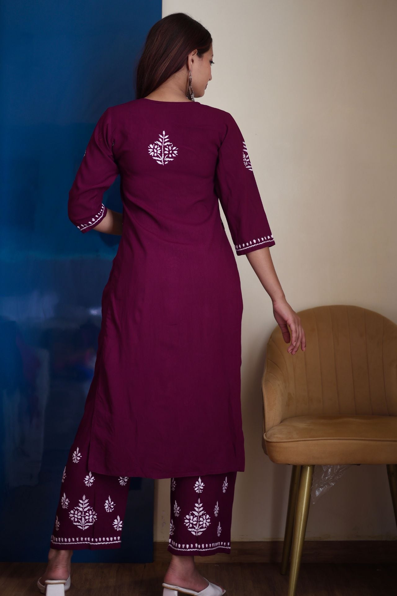 chikankari suit set women hand embroidery lucknowi chikan kurti palazzo bottom set rayon lightweight festival daily wear comfortable ethnic formal straight fit lakhnavi chicken kurta pant plazzo