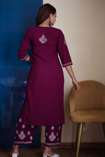 chikankari suit set women hand embroidery lucknowi chikan kurti palazzo bottom set rayon lightweight festival daily wear comfortable ethnic formal straight fit lakhnavi chicken kurta pant plazzo