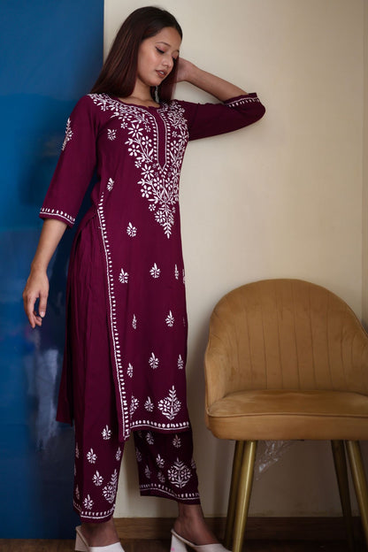 chikankari suit set women hand embroidery lucknowi chikan kurti palazzo bottom set rayon lightweight festival daily wear comfortable ethnic formal straight fit lakhnavi chicken kurta pant plazzo