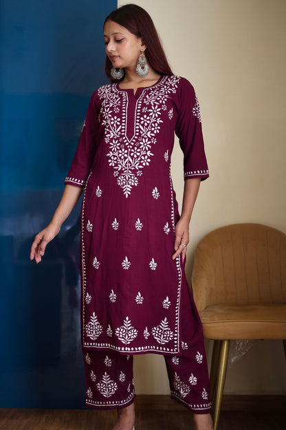 chikankari suit set women hand embroidery lucknowi chikan kurti palazzo bottom set rayon lightweight festival daily wear comfortable ethnic formal straight fit lakhnavi chicken kurta pant plazzo