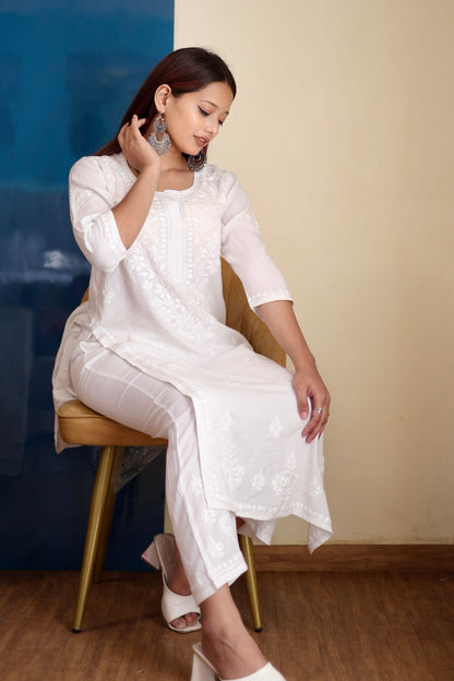 chikankari suit set women hand embroidery lucknowi chikan kurti palazzo bottom set rayon lightweight festival daily wear comfortable ethnic formal straight fit lakhnavi chicken kurta pant plazzo