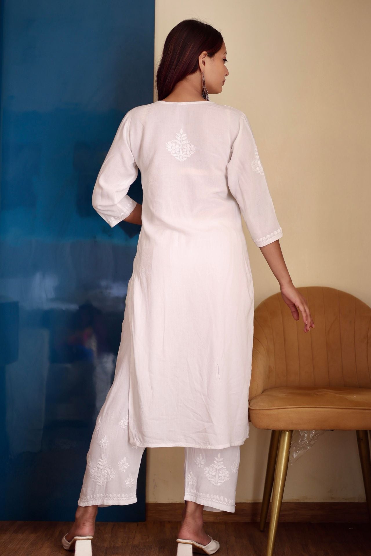chikankari suit set women hand embroidery lucknowi chikan kurti palazzo bottom set rayon lightweight festival daily wear comfortable ethnic formal straight fit lakhnavi chicken kurta pant plazzo