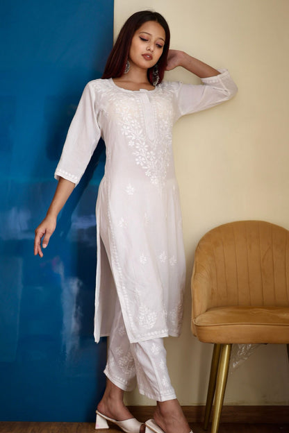 chikankari suit set women hand embroidery lucknowi chikan kurti palazzo bottom set rayon lightweight festival daily wear comfortable ethnic formal straight fit lakhnavi chicken kurta pant plazzo