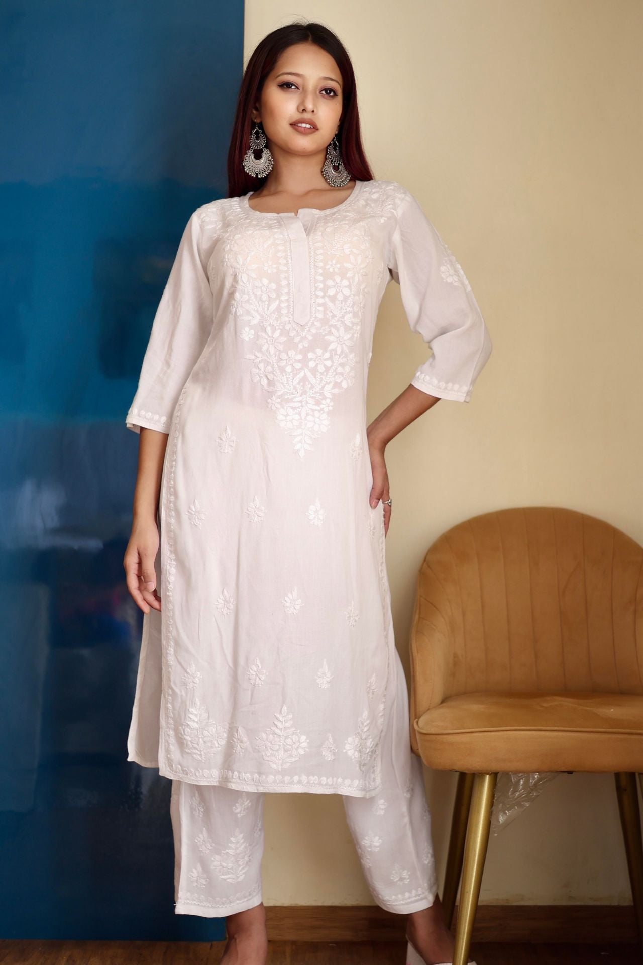 chikankari suit set women hand embroidery lucknowi chikan kurti palazzo bottom set rayon lightweight festival daily wear comfortable ethnic formal straight fit lakhnavi chicken kurta pant plazzo