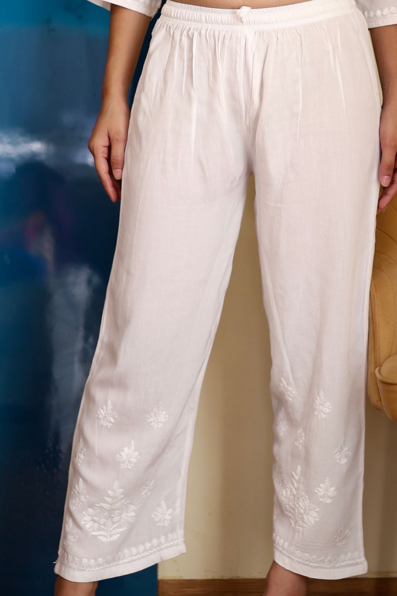 chikankari suit set women hand embroidery lucknowi chikan kurti palazzo bottom set rayon lightweight festival daily wear comfortable ethnic formal straight fit lakhnavi chicken kurta pant plazzo