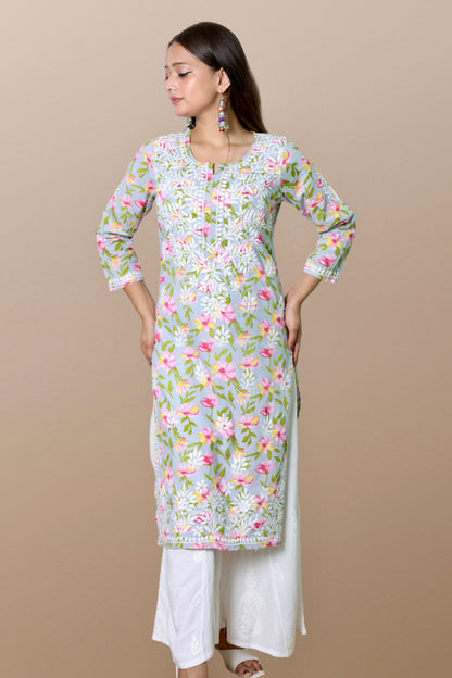 chikankari kurta women ethnic embroidered lucknowi chikan kurti festival daily wear girls handcrafted rayon fabric casual summer comfortable regular formal straight fit Lucknowi chicken ladies