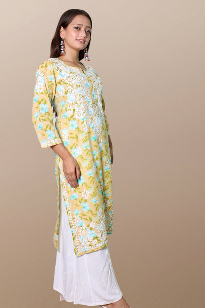 chikankari kurta women ethnic embroidered lucknowi chikan kurti festival daily wear girls handcrafted rayon fabric casual summer comfortable regular formal straight fit Lucknowi chicken ladies