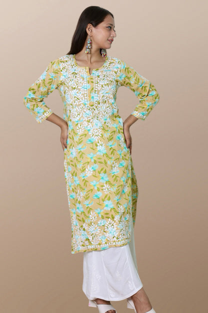 chikankari kurta women ethnic embroidered lucknowi chikan kurti festival daily wear girls handcrafted rayon fabric casual summer comfortable regular formal straight fit Lucknowi chicken ladies