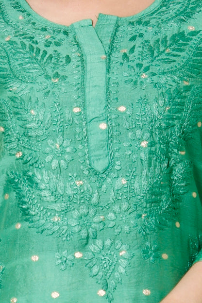 Hand Embroidered Chanderi Chikankari Kurta Green