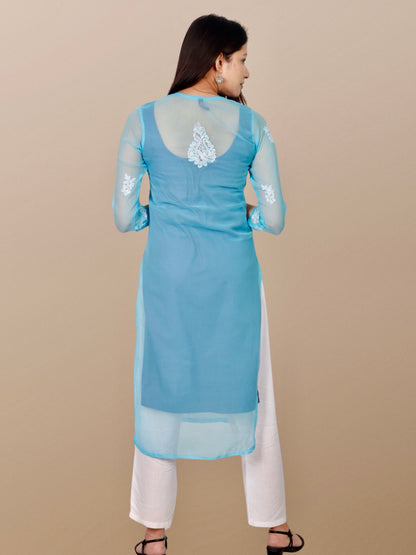 Plus Size Hand Embroidered Lucknowi Chikankari Georgette Women Kurta with Cotton Slip