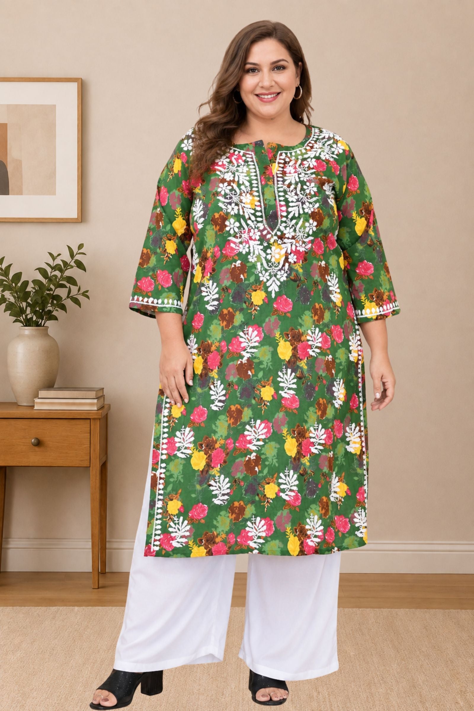 chikankari kurta women ethnic embroidered lucknowi chikan kurti daily wear girls handcrafted cotton fabric casual summer comfortable regular straight fit lakhnavi chicken ladies