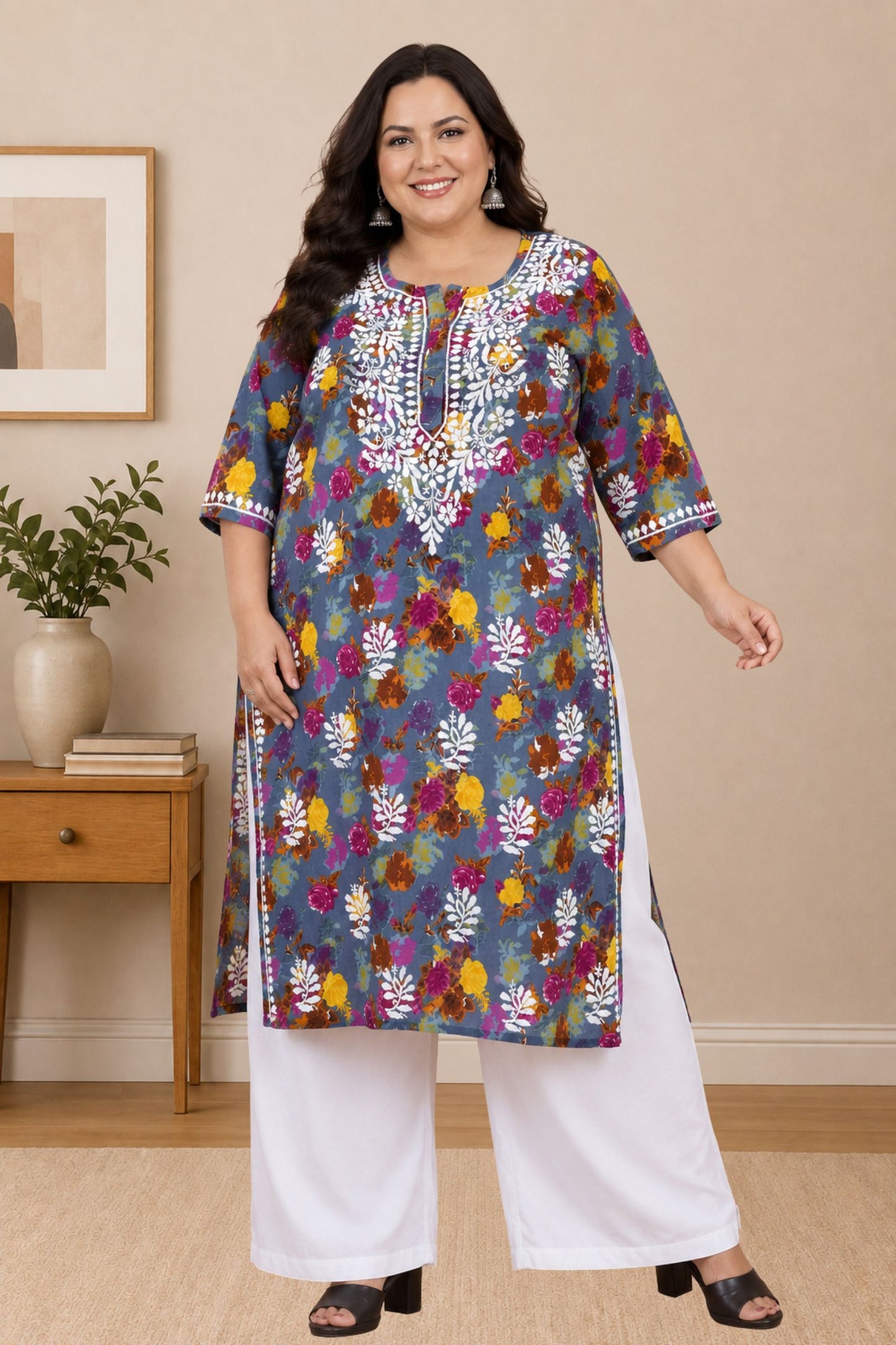 chikankari kurta women ethnic embroidered lucknowi chikan kurti daily wear girls handcrafted cotton fabric casual summer comfortable regular straight fit lakhnavi chicken ladies