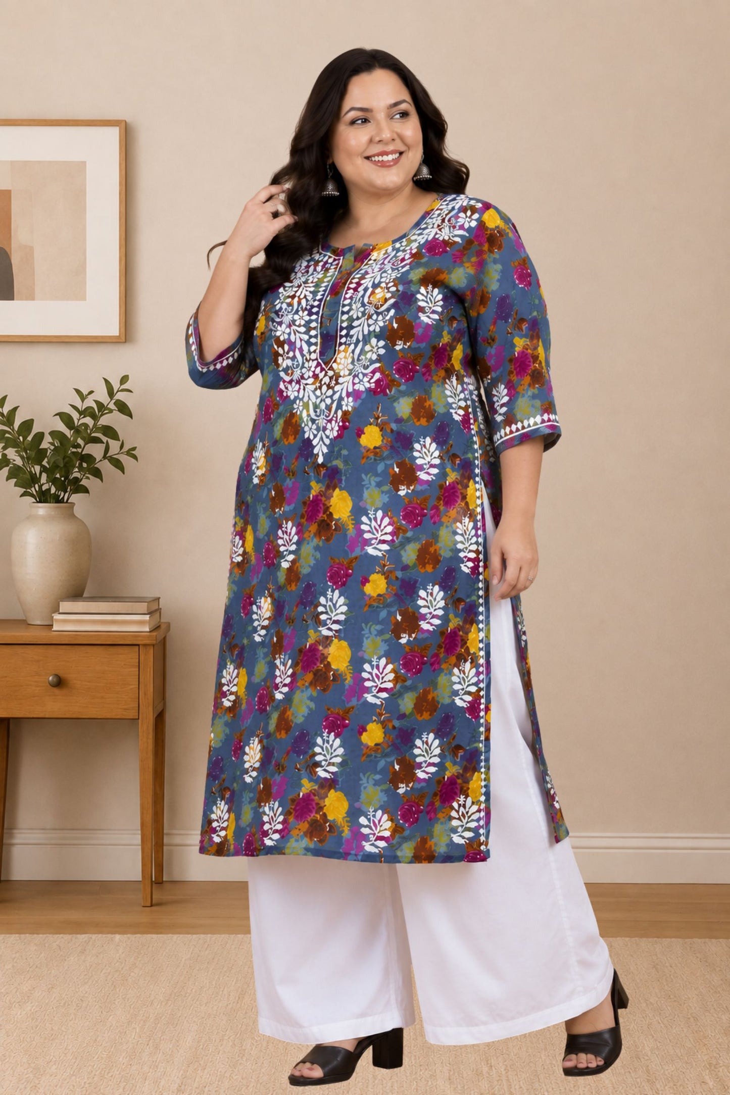 chikankari kurta women ethnic embroidered lucknowi chikan kurti daily wear girls handcrafted cotton fabric casual summer comfortable regular straight fit lakhnavi chicken ladies